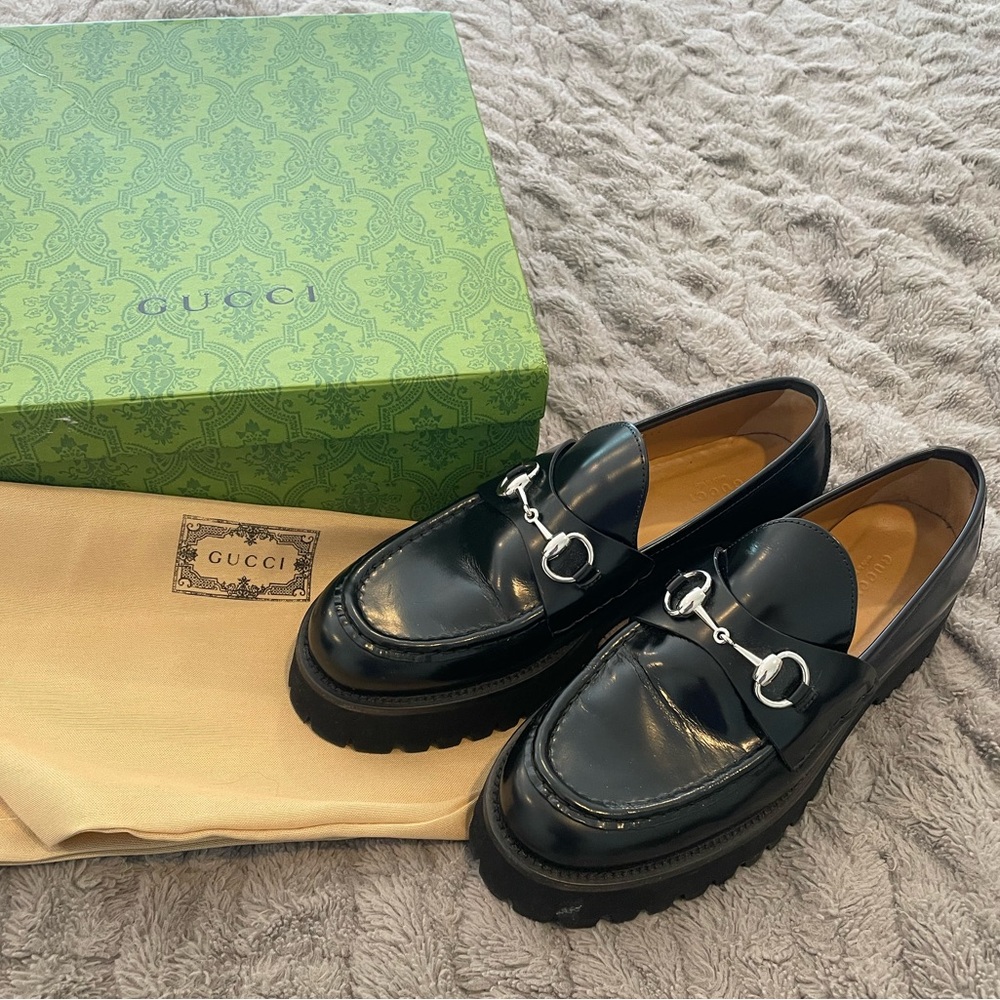 Gucci Lug Sole Horsebit Leather Loafers, black, 40
